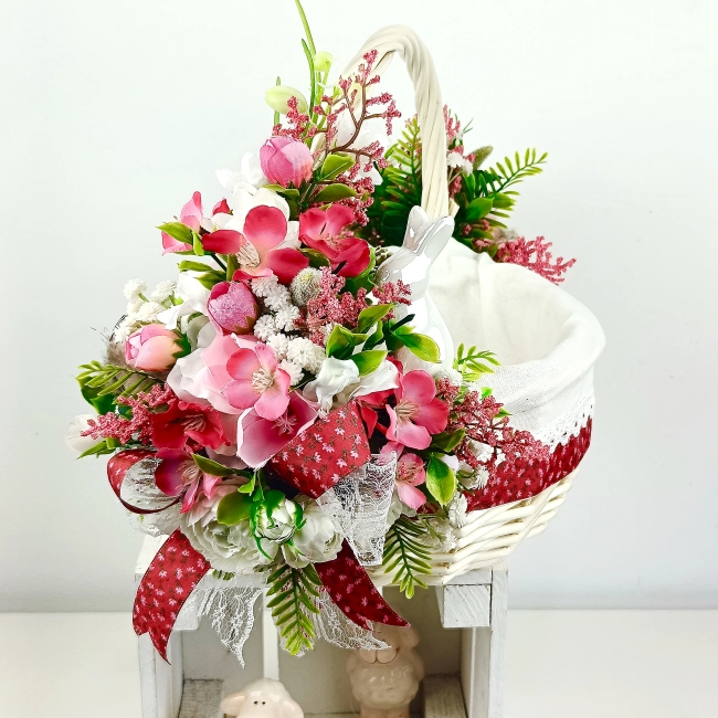 Koszyk wielkanocny duży, wiśniowo - biały z wyściółką nr 34