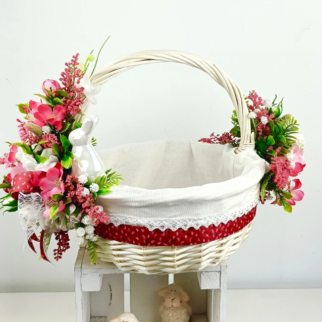 Koszyk wielkanocny duży, wiśniowo - biały z wyściółką nr 34