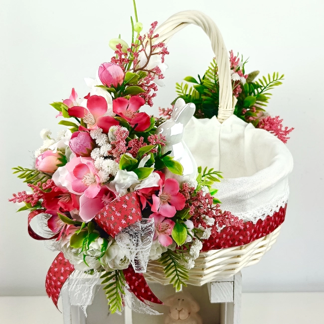 Koszyk wielkanocny duży, wiśniowo - biały z wyściółką nr 34