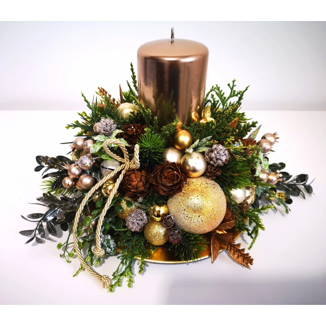 Stroik świąteczny zielono - złoty z nutą brązu nr 6 Stroik świąteczny zielono - złoty z nutą brązu nr 6