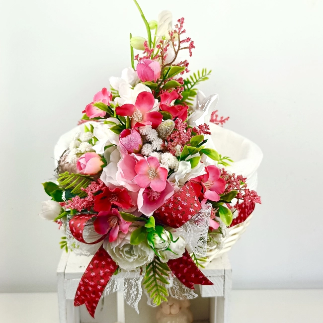 Koszyk wielkanocny duży, wiśniowo - biały z wyściółką nr 34