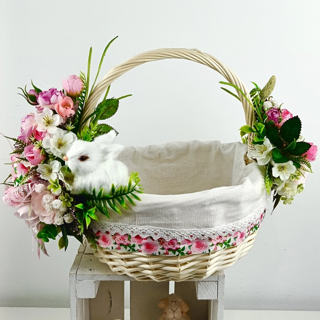 Koszyk wielkanocny duży, biało - różowy z wyściółką nr 37